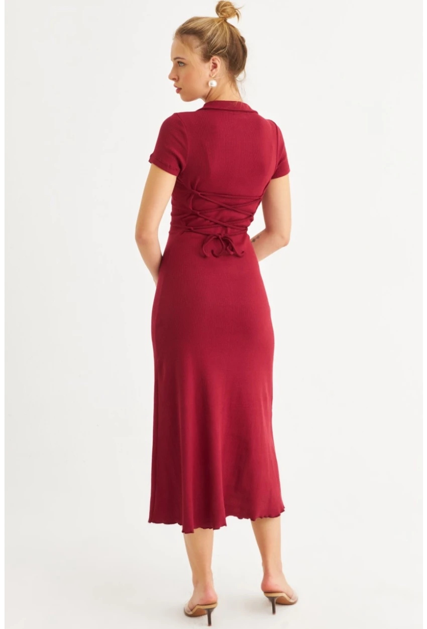 Kadın Bordo Sırt Bağlamalı Kaşkorse Midi Elbise MFRY0001
