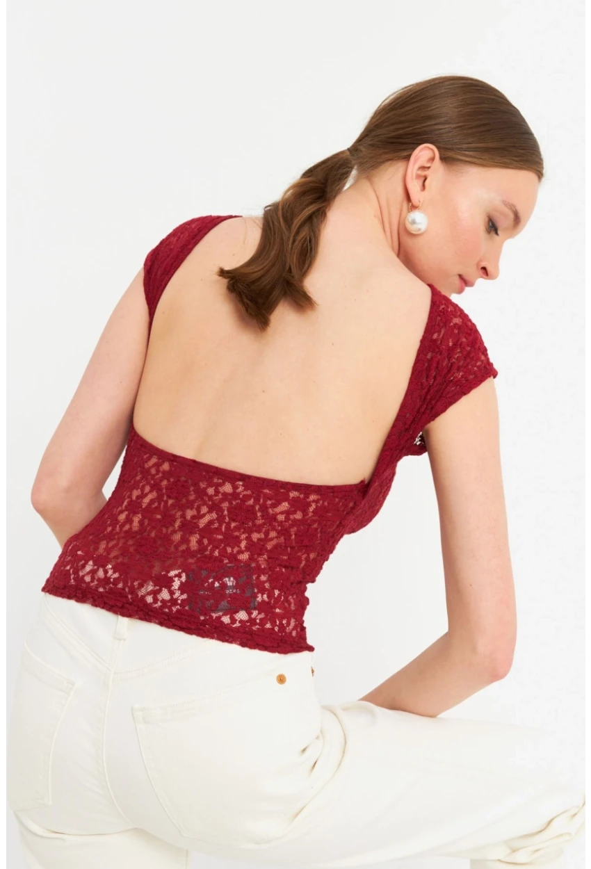 Kadın Bordo Sırtı Açık Dantel Bluz ZH04