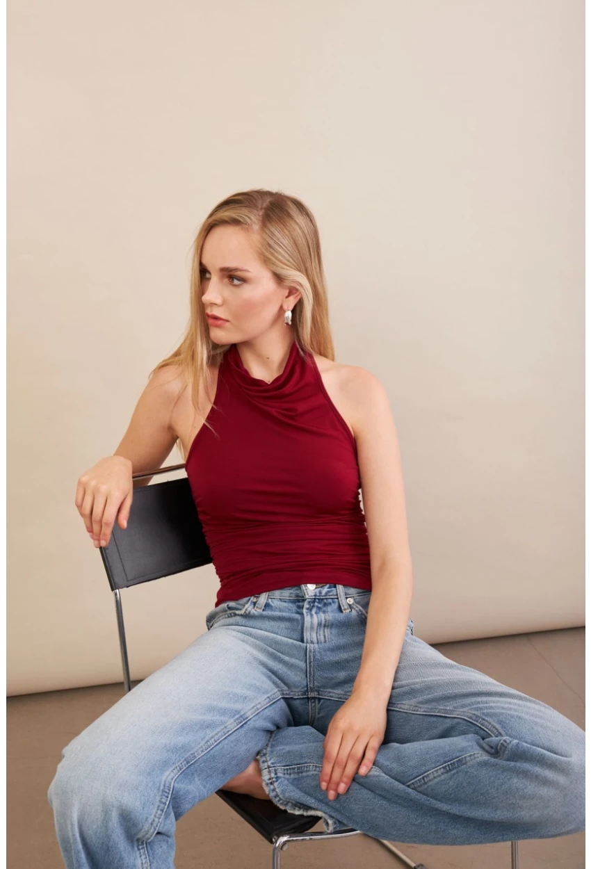 Kadın Bordo Sırtı Açık Drapeli Bluz FRY2314