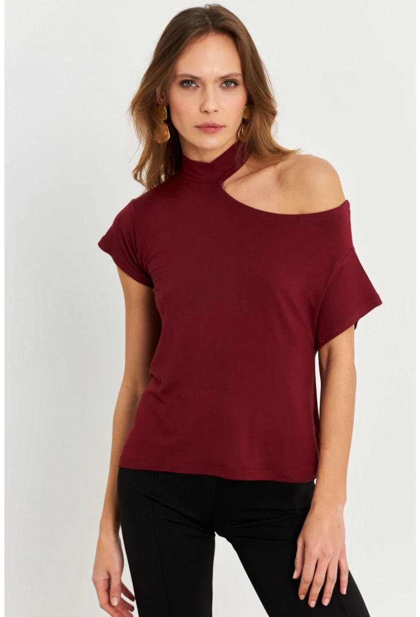 Kadın Bordo Tek Omuz Açık Bluz LPP1300