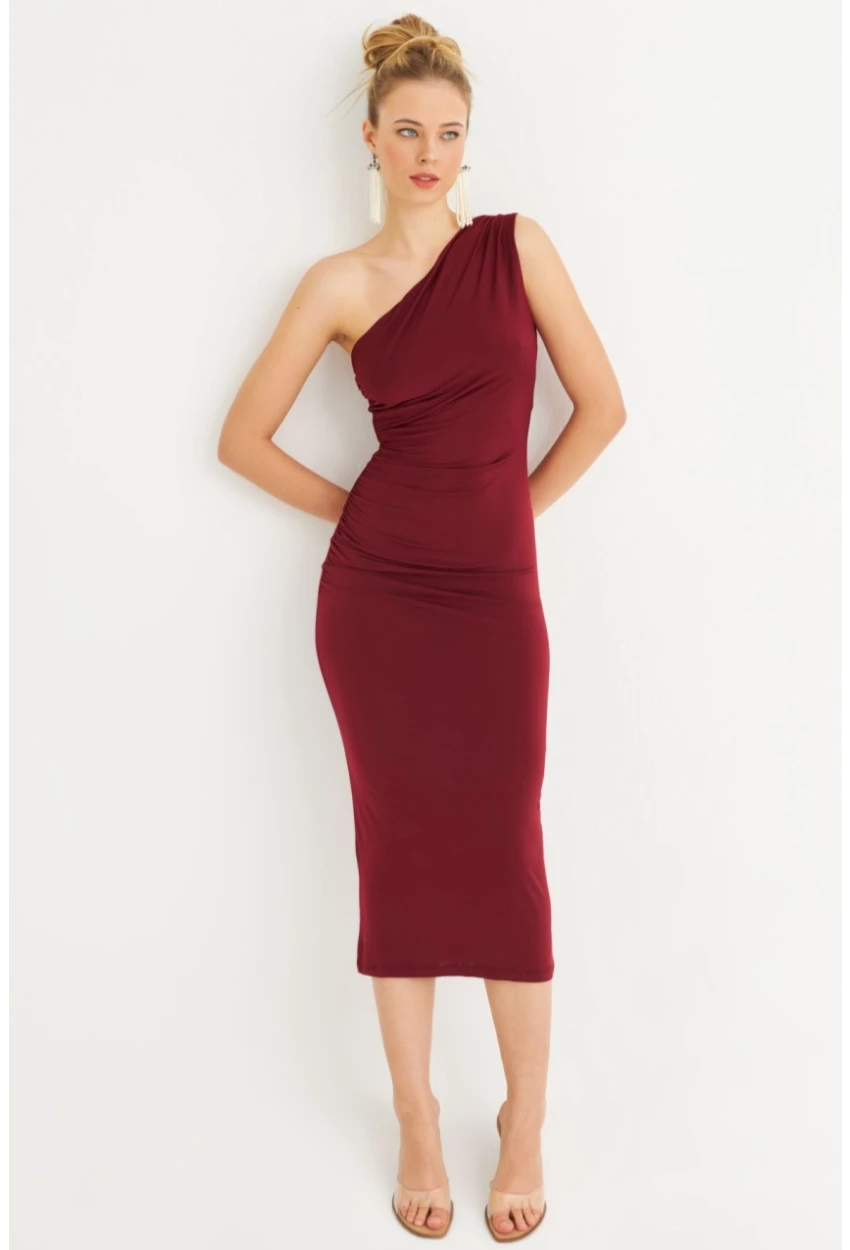 Kadın Bordo Tek Omuz Büzgülü Midi Elbise DMR294-90