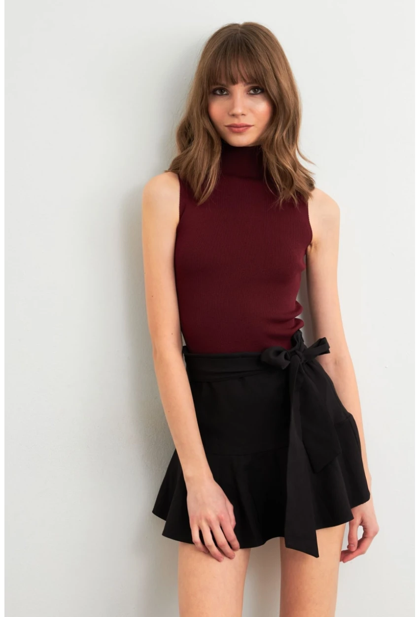 Kadın Bordo Triko Kolsuz Bluz YV305