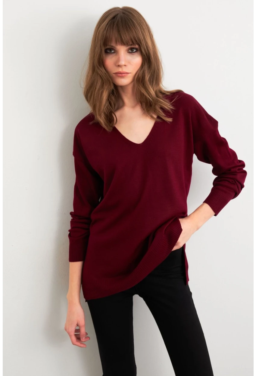 Kadın Bordo V Yaka Triko Kazak YİL549