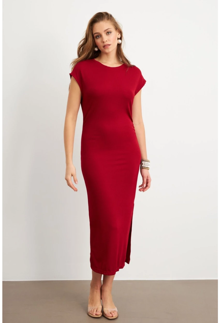 Kadın Bordo Yanları Büzgülü Midi Elbise MK35