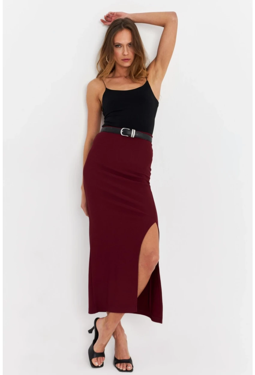 Kadın Bordo Yırtmaçlı Midi Etek MOD1854