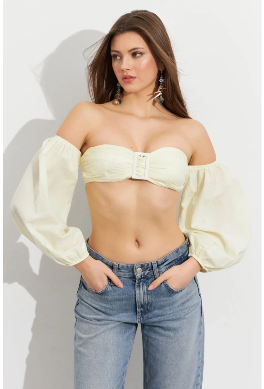 Kadın Butter Yellow Balon Kol Crop Bluz Rop111