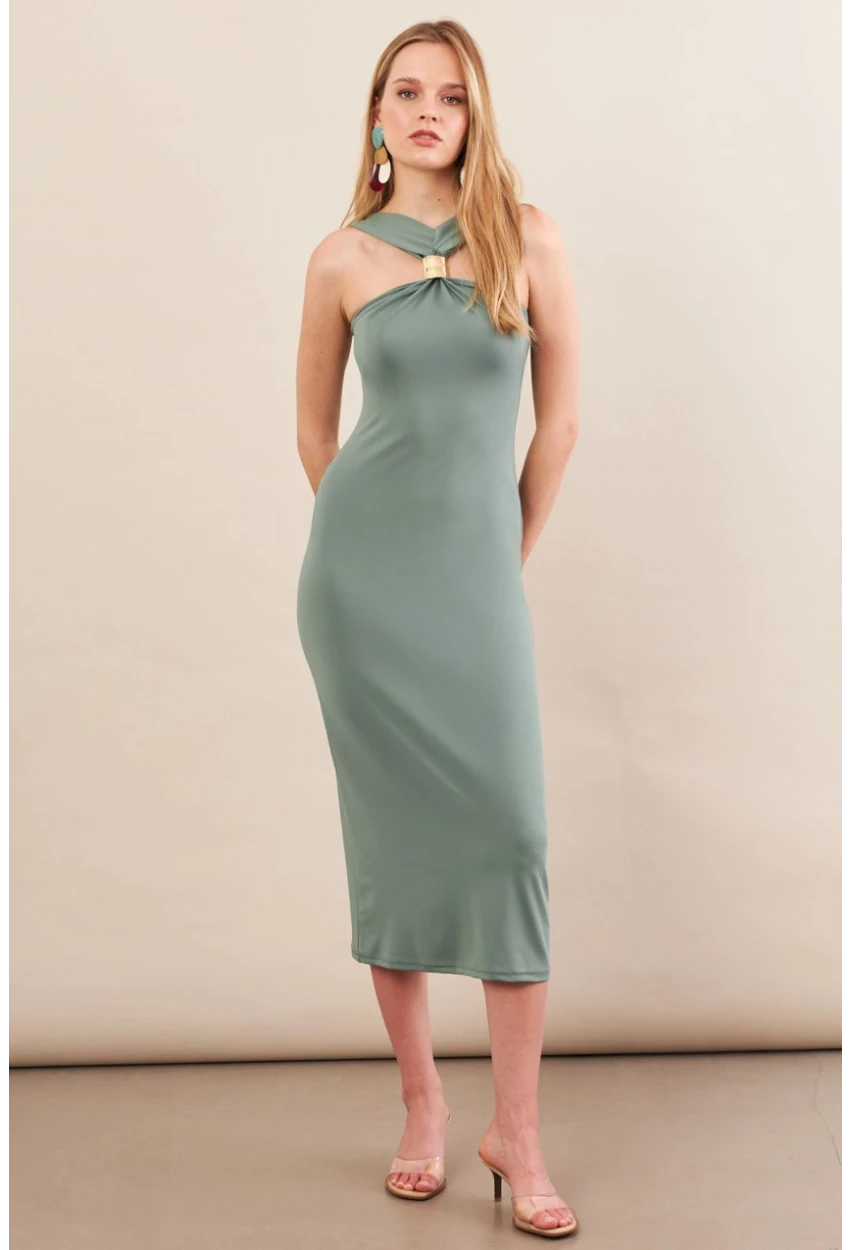 Kadın Çağla Yeşili Aksesuarlı Midi Elbise İRE101