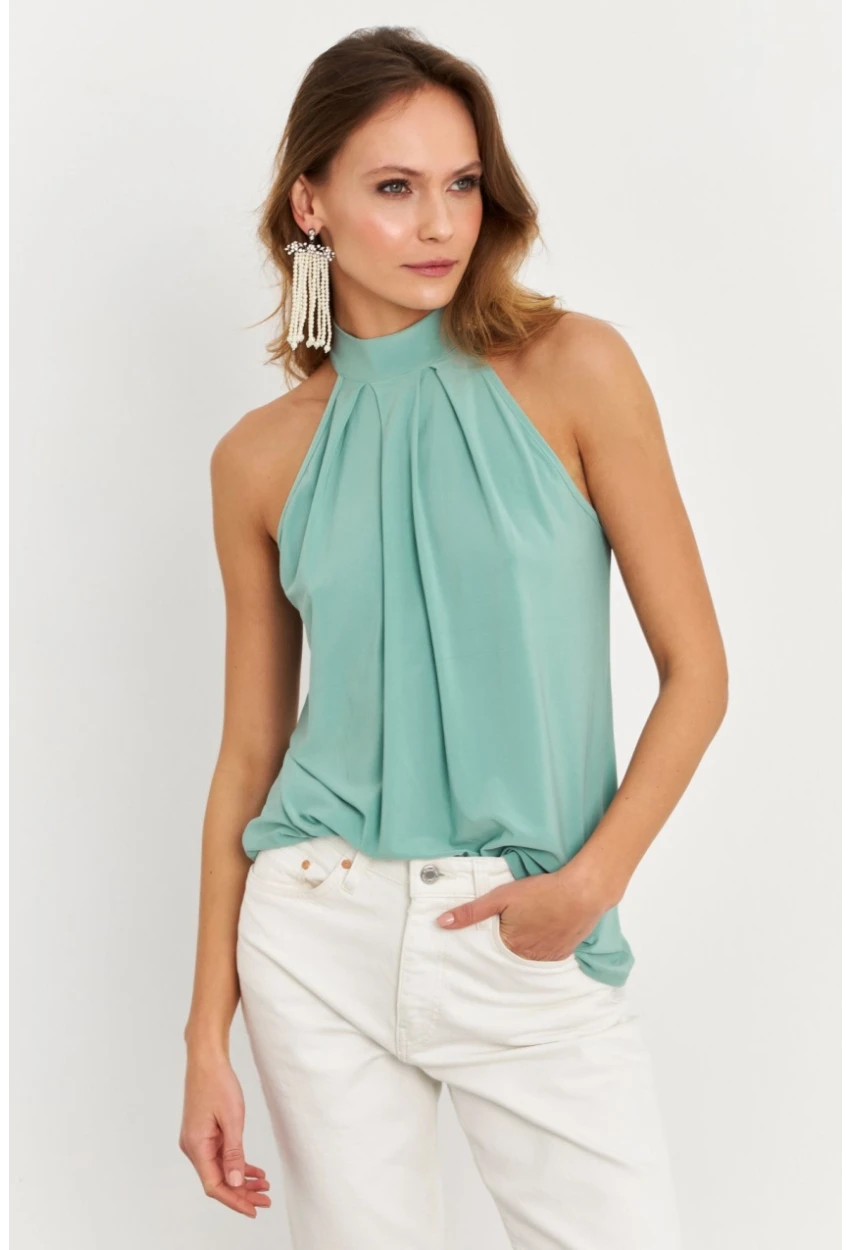 Kadın Çağla Yeşili Halter Yaka Desenli Bluz LPP1273