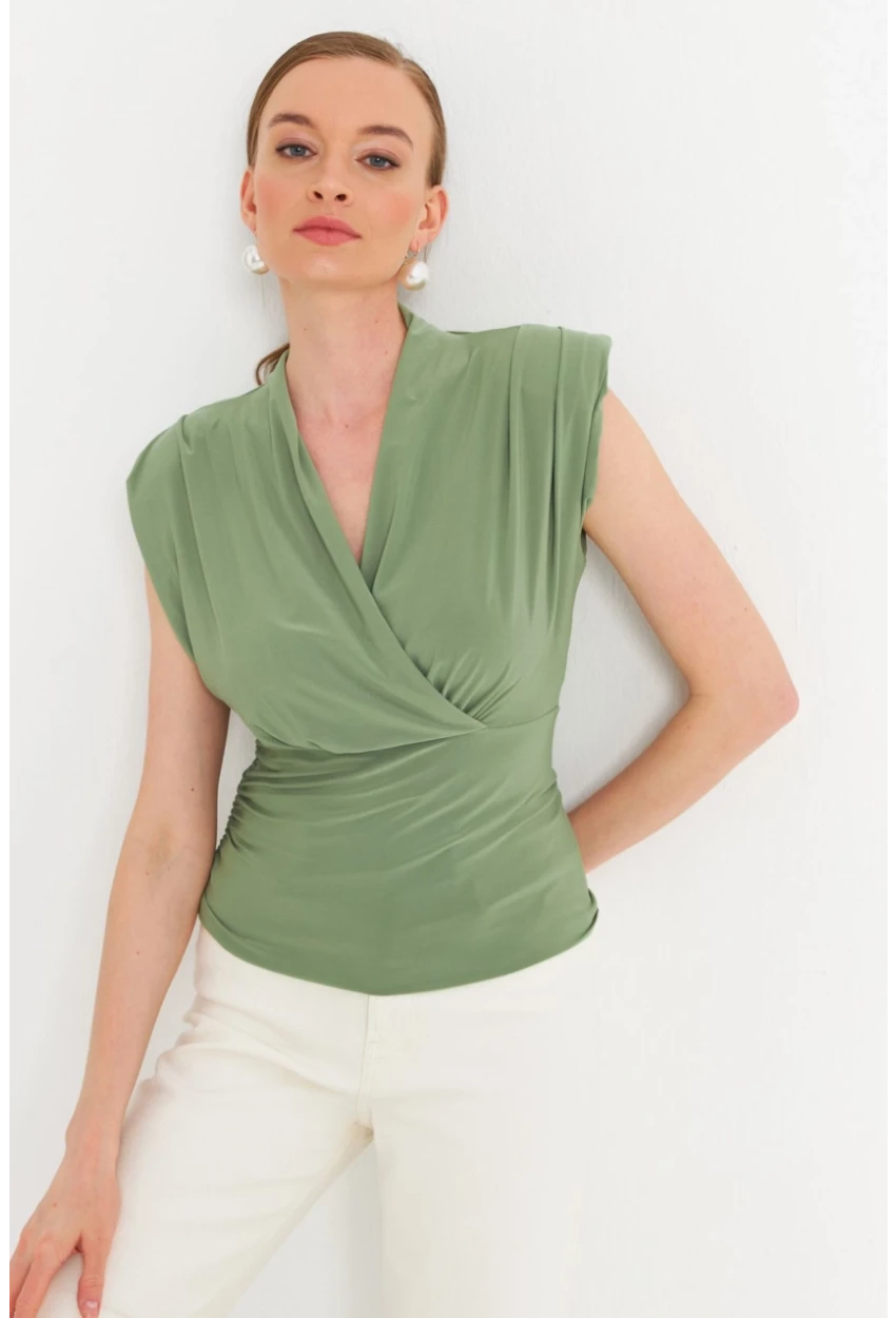 Kadın Çağla Yeşili Vatkalı Kruvaze Bluz MTK13213