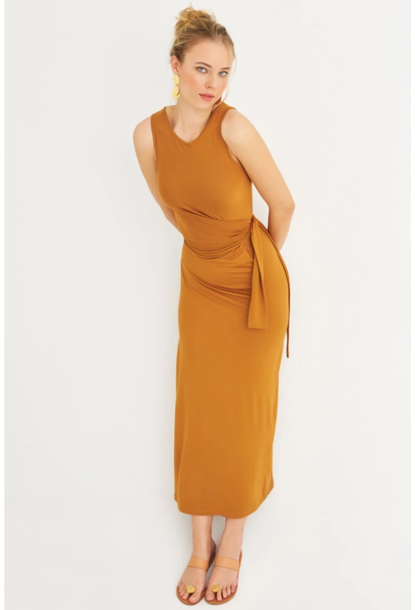 Kadın Camel Büzgülü Kolsuz Midi Elbise TF75