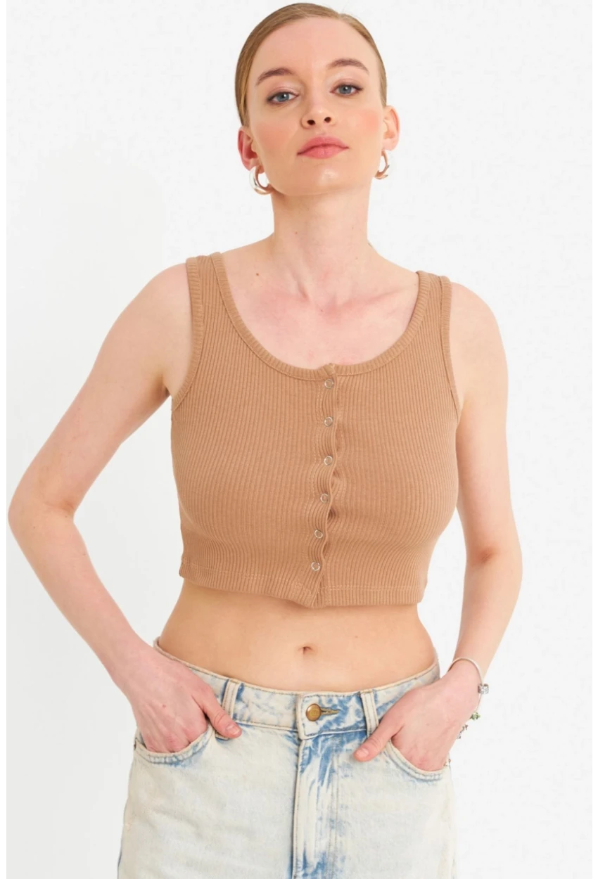 Kadın Camel Çıtçıtlı Crop Bluz YDF103