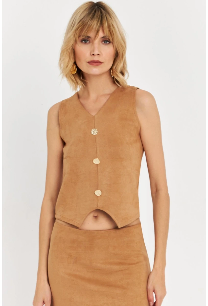 Kadın Camel Düğme Detaylı Süet Bluz KED7113
