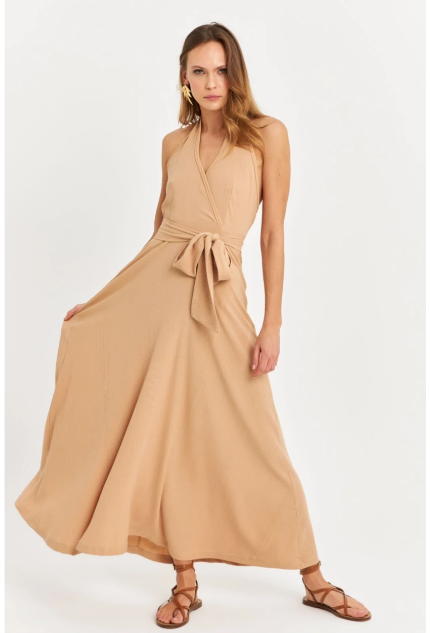 Kadın Camel Kruvaze Bürümcük Maxi Elbise EY3053