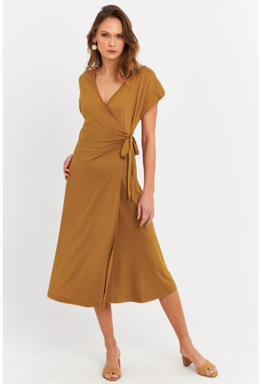 Kadın Camel Kruvaze Midi Elbise EY3044