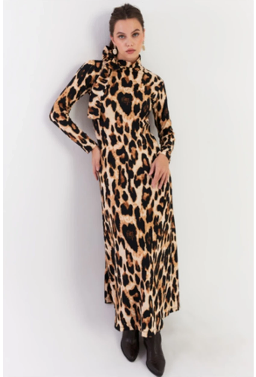Kadın Camel-Siyah Boyun Bağlamalı Leopar Maxi Elbise EY2921