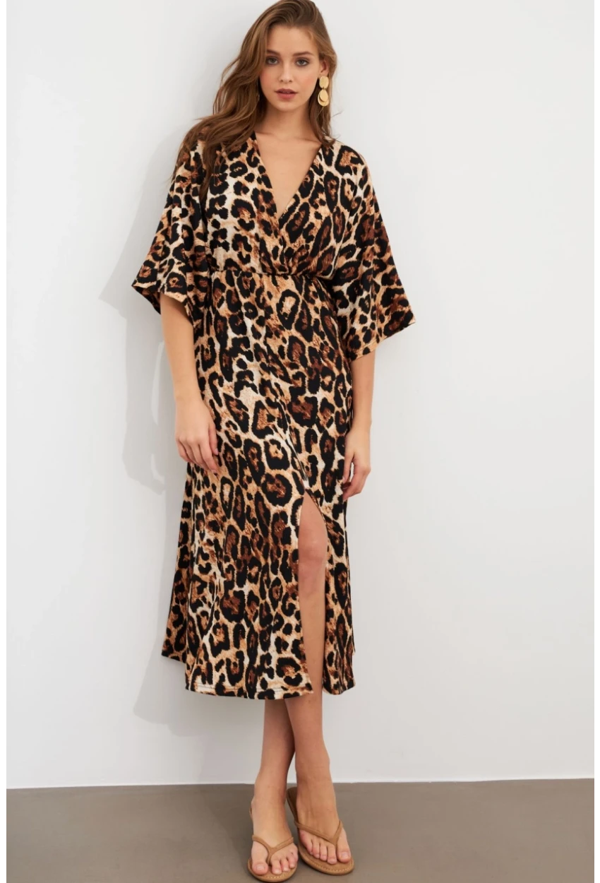 Kadın Camel-Siyah Kruvaze Leopar Midi Elbise KAB306