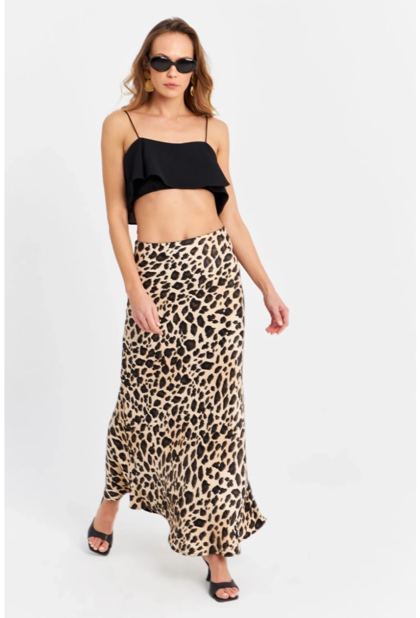 Kadın Camel-Siyah Saten Leopar Etek CAR2431