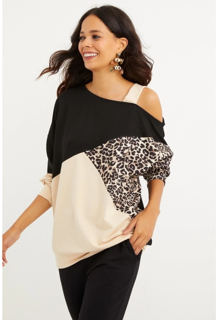 Kadın Camel-Siyah Tek Omuz Leopar Desen Bloklu Sweatshirt MBK231066