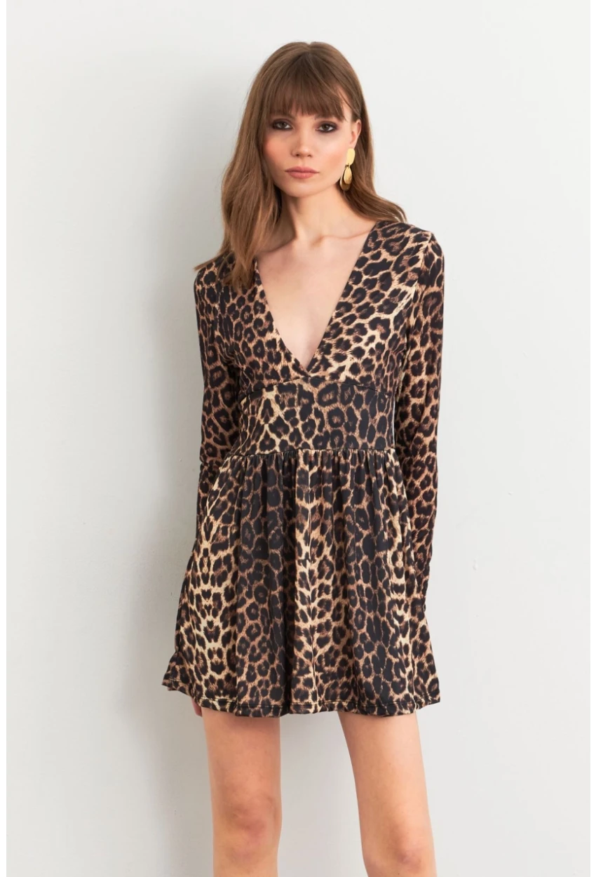 Kadın Camel-Siyah V Yaka Leopar Mini Elbise LİK17