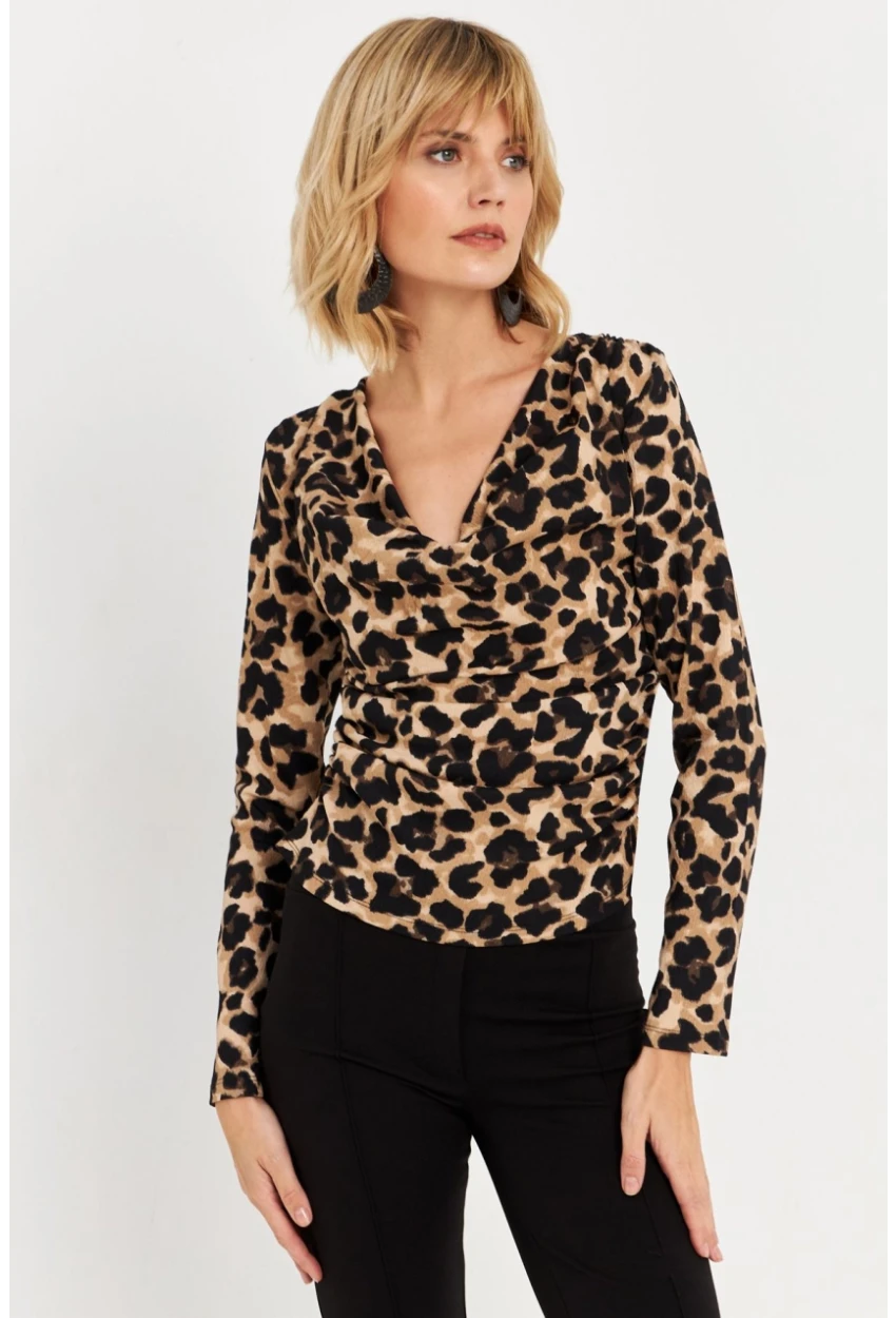 Kadın Camel-Siyah Yanları Büzgülü Degaje Leopar Bluz FRY2272