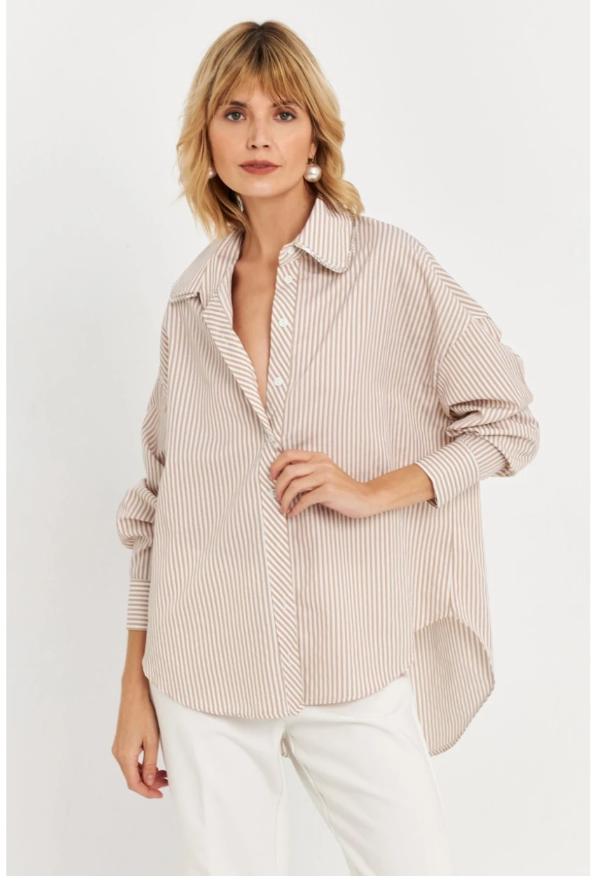 Kadın Camel Taş Detaylı Çizgili Gömlek KED4088