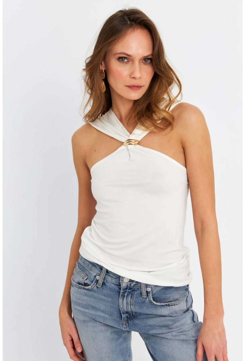 Kadın Ekru Aksesuarlı Çapraz Yaka Bluz EY3068