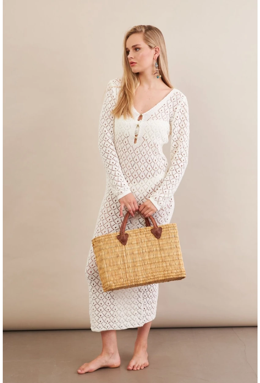 Kadın Ekru Aksesuarlı Triko Plaj Elbisesi KZ3237-90