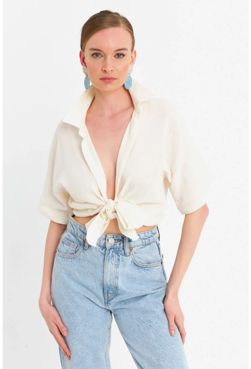 Kadın Ekru Bağlamalı Keten Bluz BTH16
