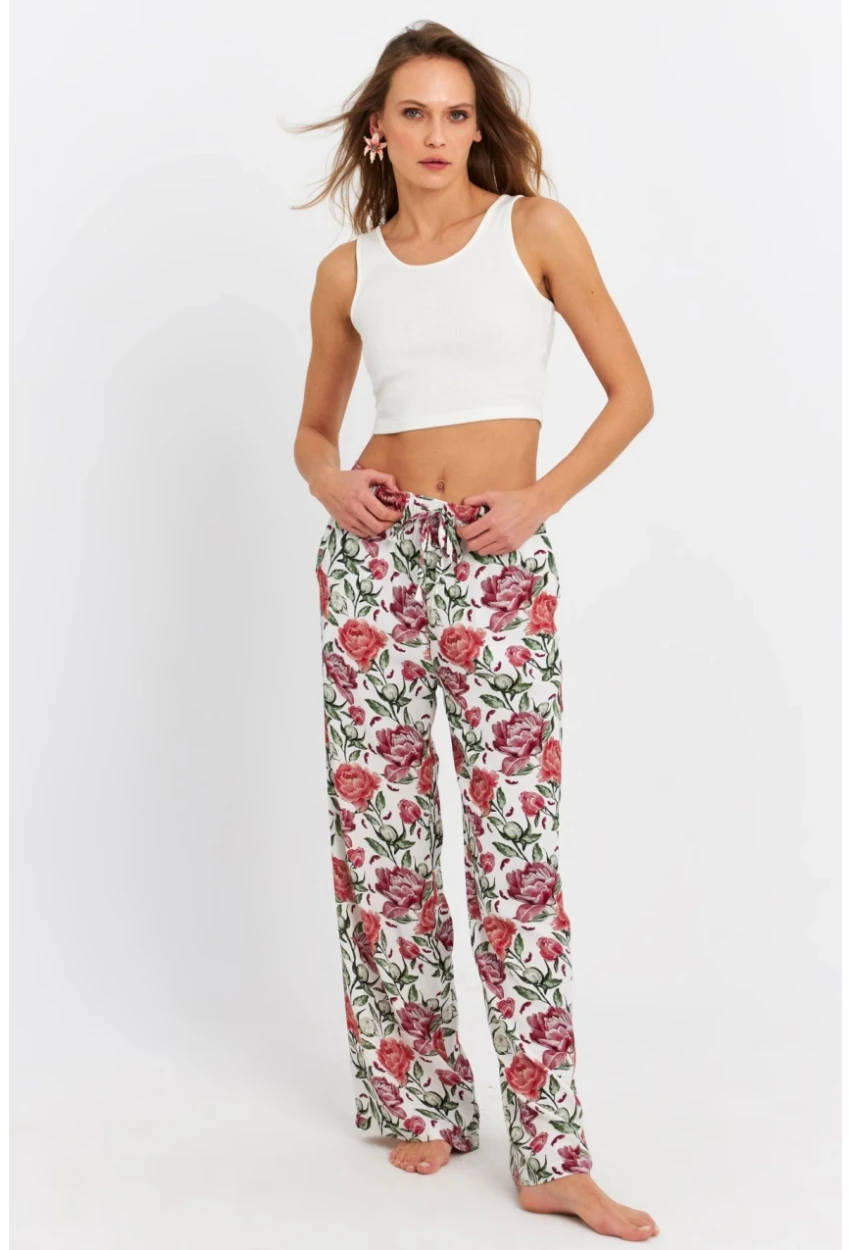 Kadın Ekru-Bordo Çiçek Desenli Pantolon FLS03