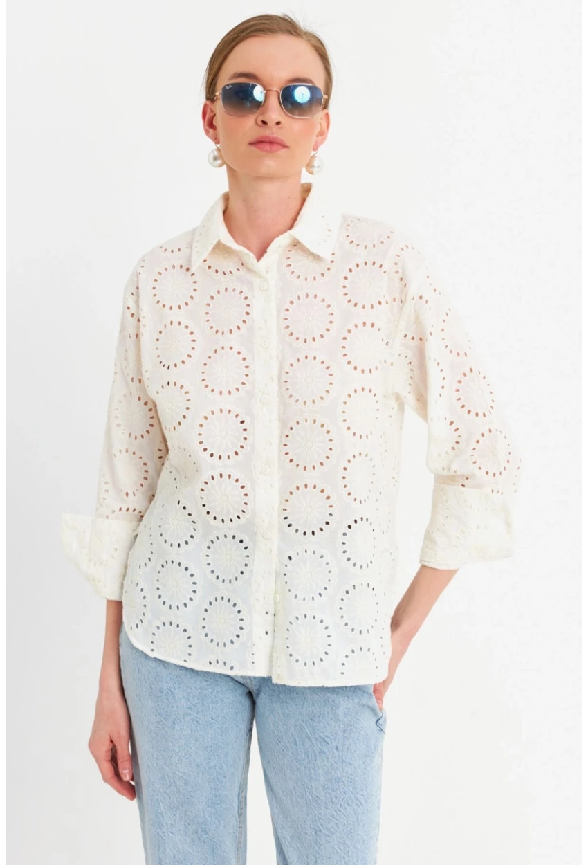 Kadın Ekru Brode Gömlek MCAR1144