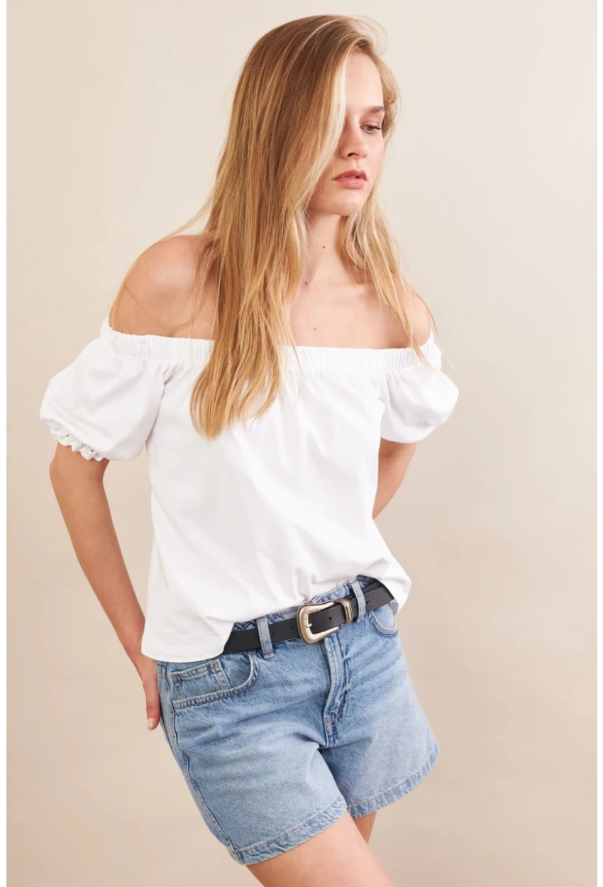 Kadın Ekru Carmen Yaka Balon Kol Bluz SAN106