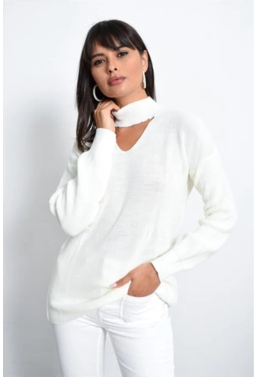 Kadın Ekru Damla Yaka Triko Tunik DA28