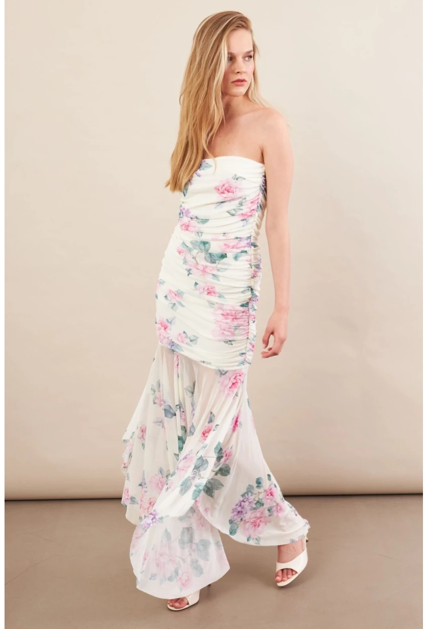 Kadın Ekru Drapeli Straplez Midi Tül Elbise ERL101