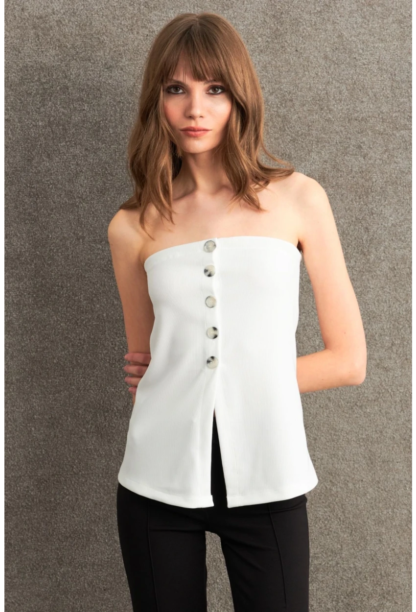 Kadın Ekru Düğme Detaylı Straplez Bluz CY355