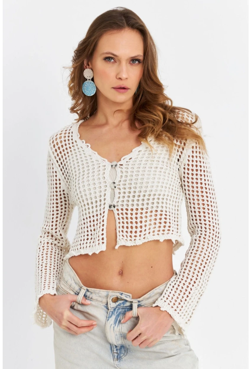 Kadın Ekru File Hırka DS201