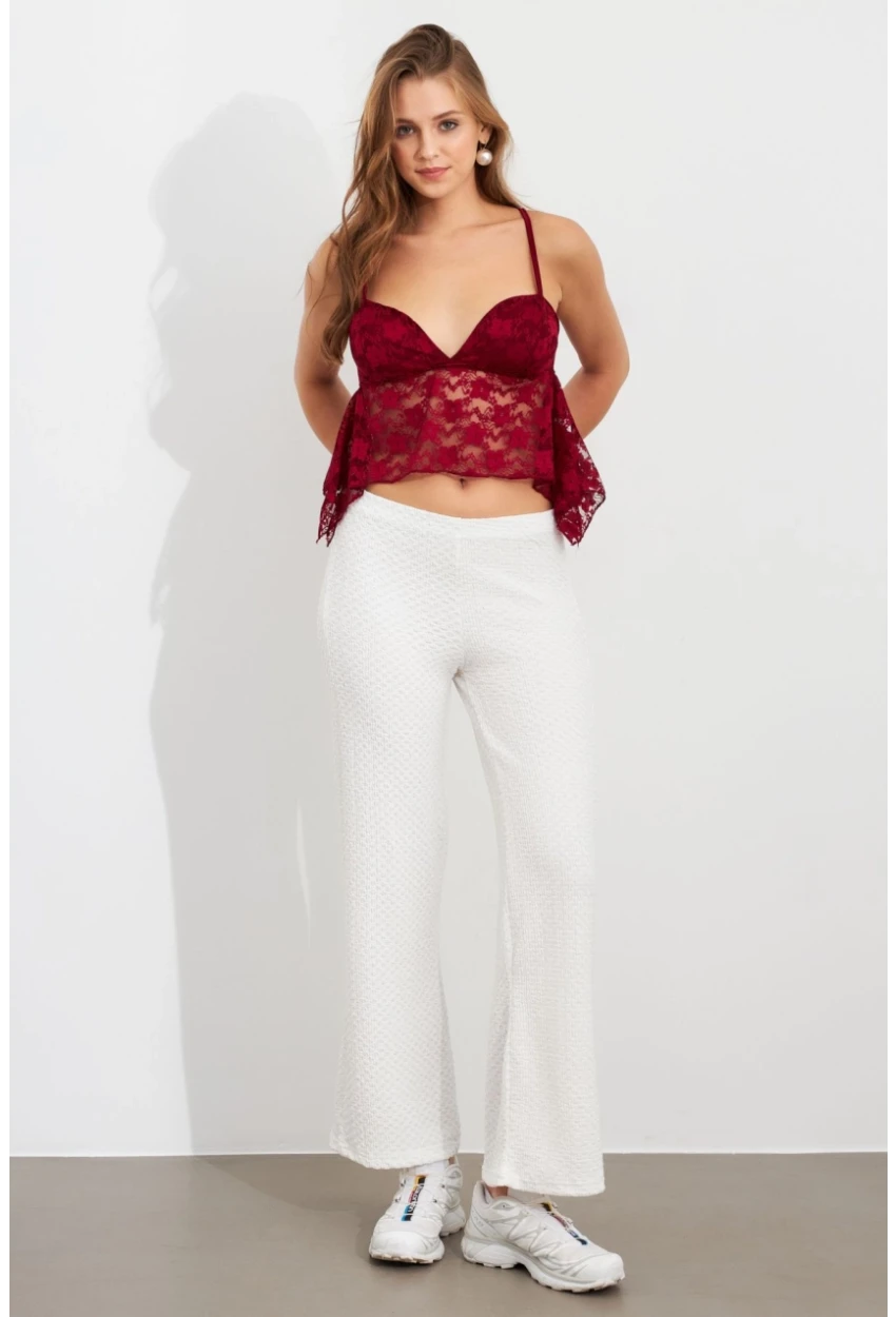 Kadın Ekru Gofre Pantolon ZH326