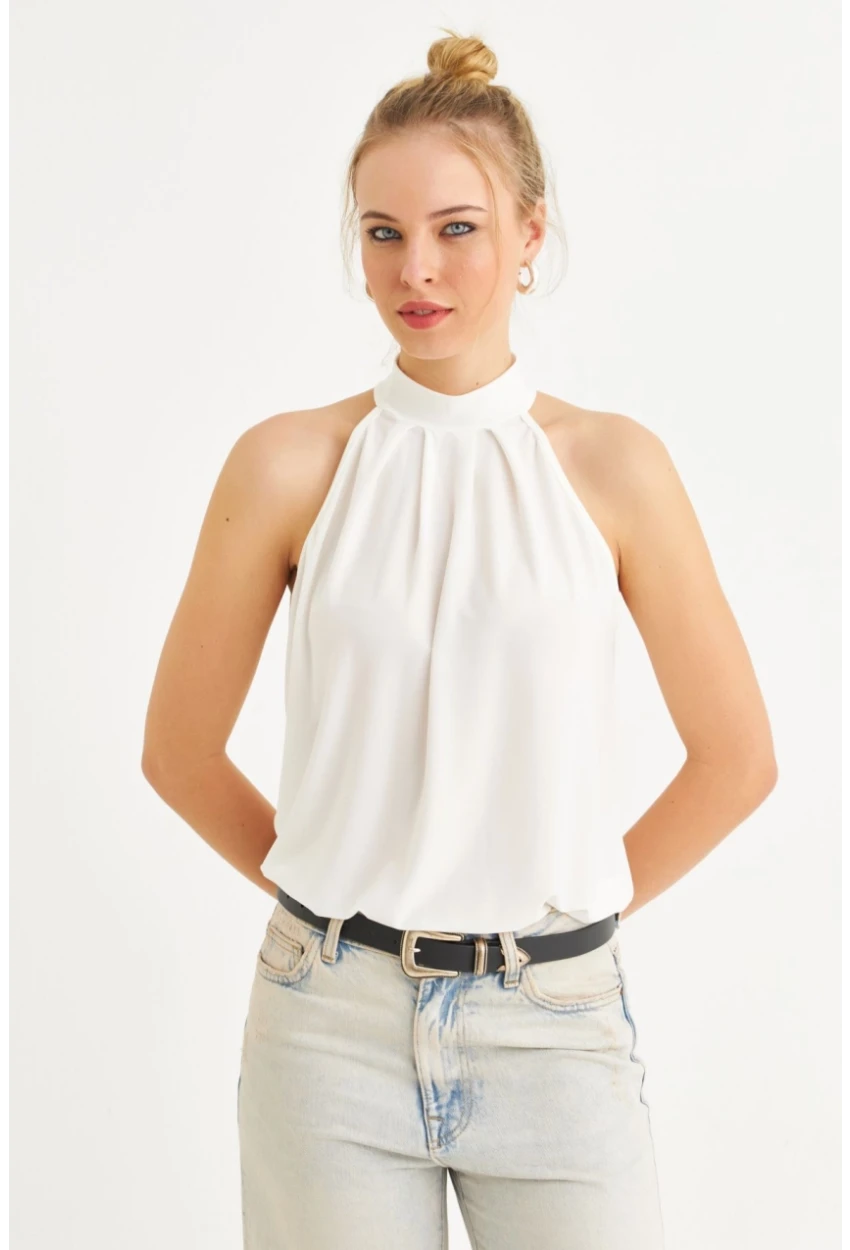 Kadın Ekru Halter Yaka Desenli Bluz LPP1273