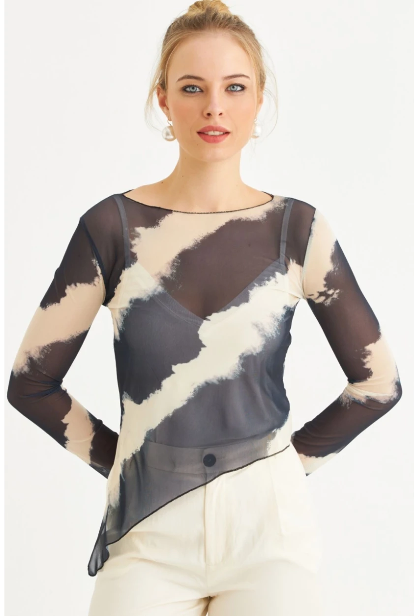 Kadın Ekru-İndigo Desenli Tül Bluz RSP1740