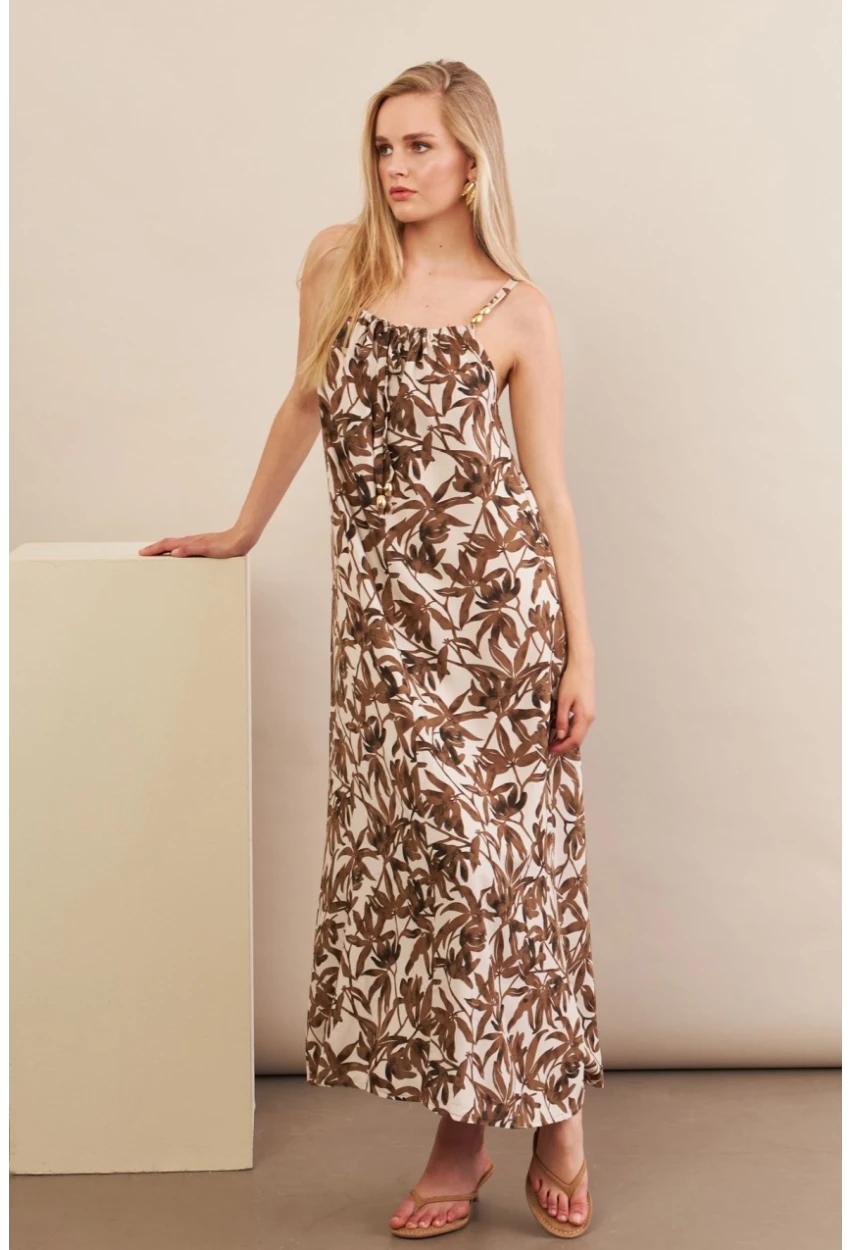 Kadın Ekru-Kahve Boyun Bağlamalı Midi Elbise AN6005