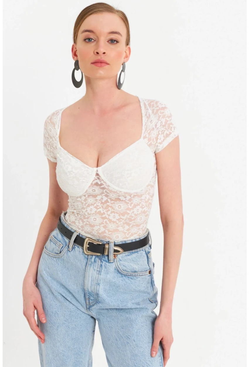 Kadın Ekru Kalp Yaka Tül Crop Bluz TPG05