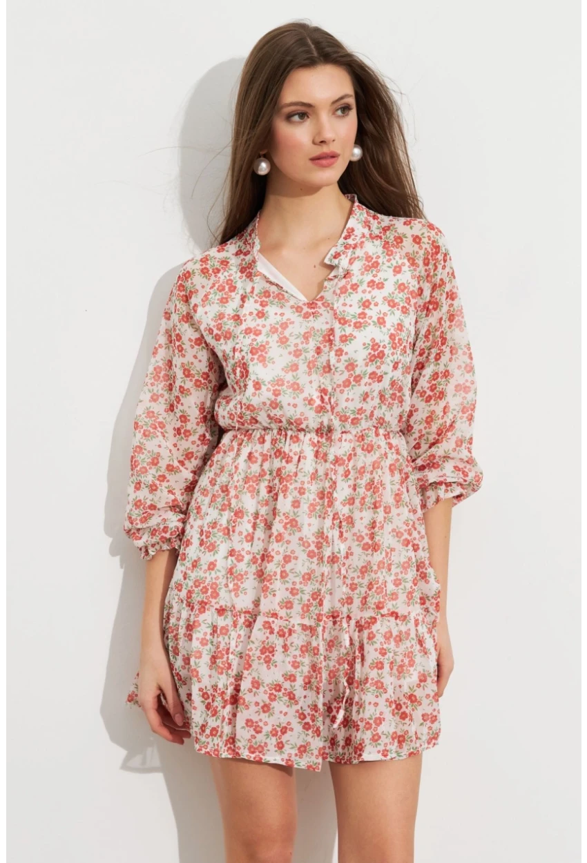 Kadın Ekru-Kırmızı Desenli Şifon Mini Elbise ROP107