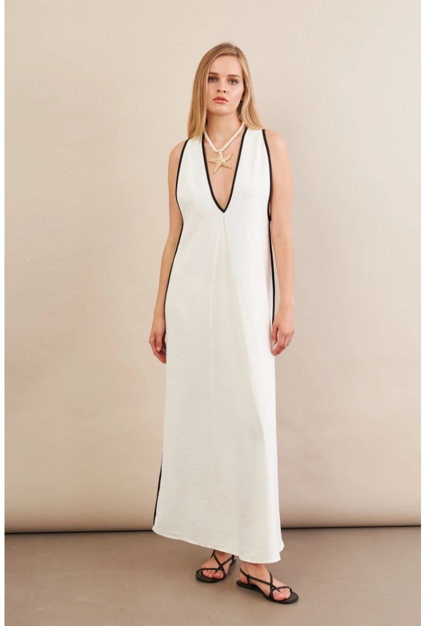 Kadın Ekru Kontrast Çizgili Maxi Keten Elbise MSİ101