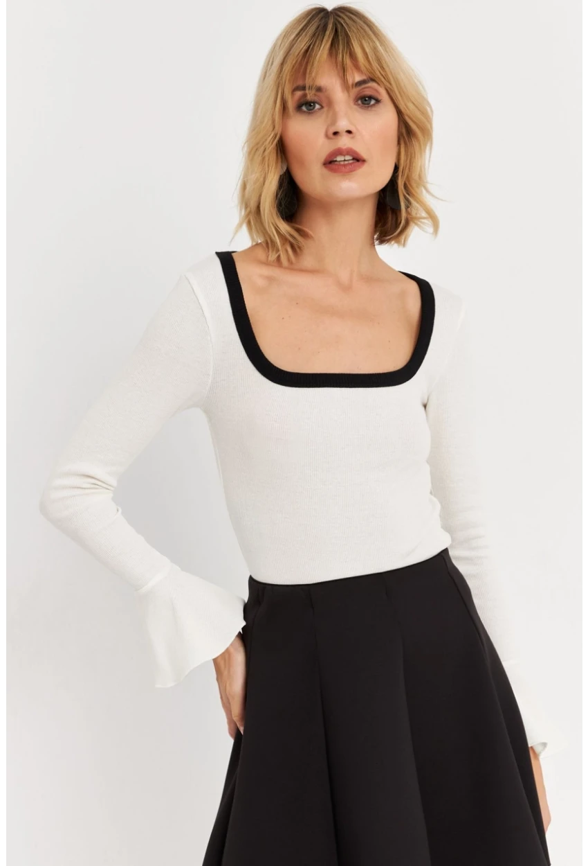 Kadın Ekru Kontrast Yaka İspanyol Kol Bluz ALB3105