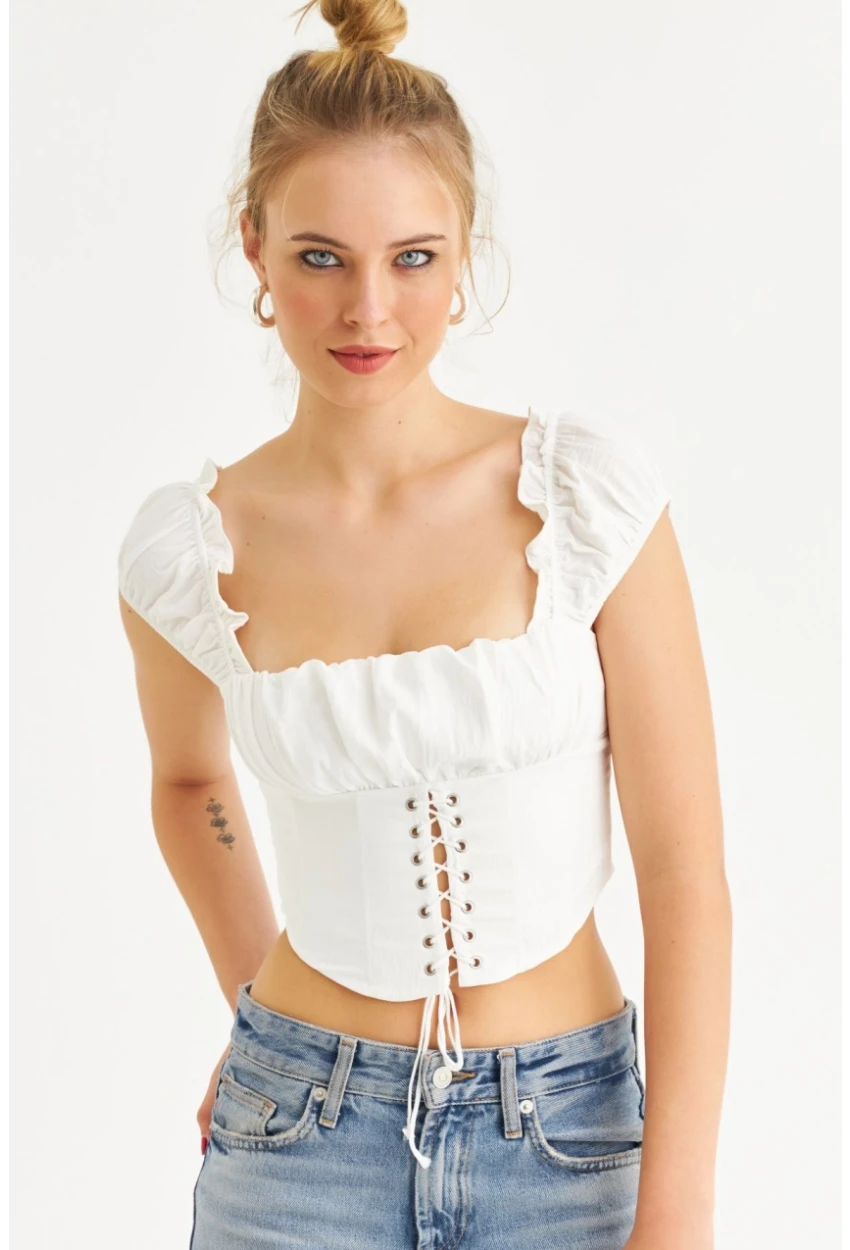 Kadın Ekru Kuş Gözlü Crop Bluz YEL221128