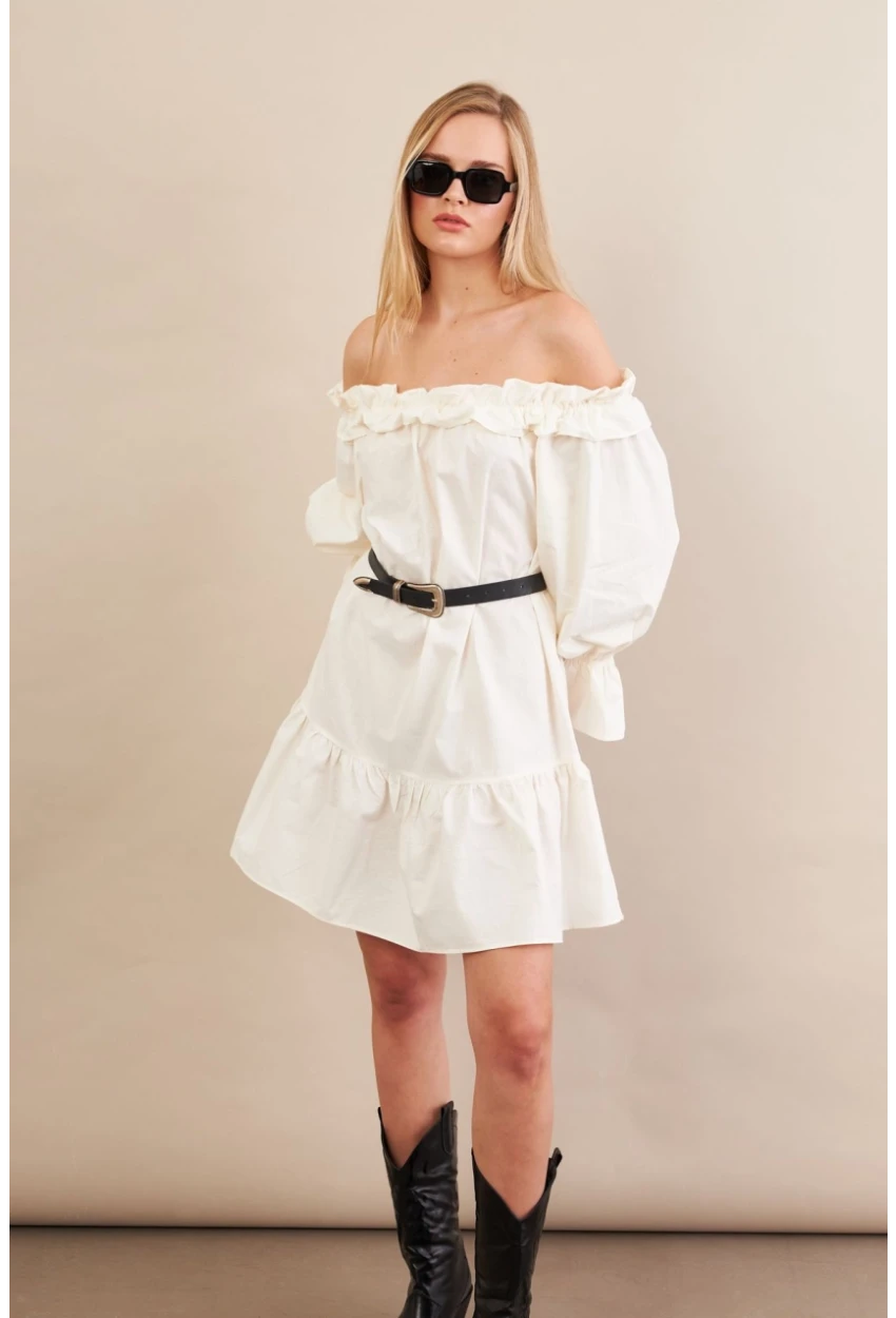 Kadın Ekru Madonna Yaka Midi Elbise PSG1012