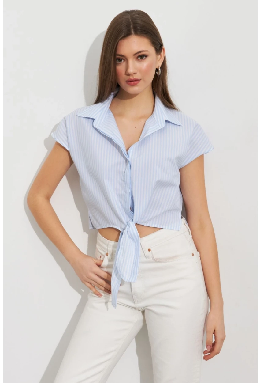 Kadın Ekru-Mavi Çizgili Bağlamalı Crop Gömlek MPC306