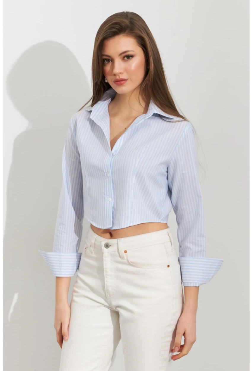 Kadın Ekru-Mavi Çizgili Crop Gömlek MPC305
