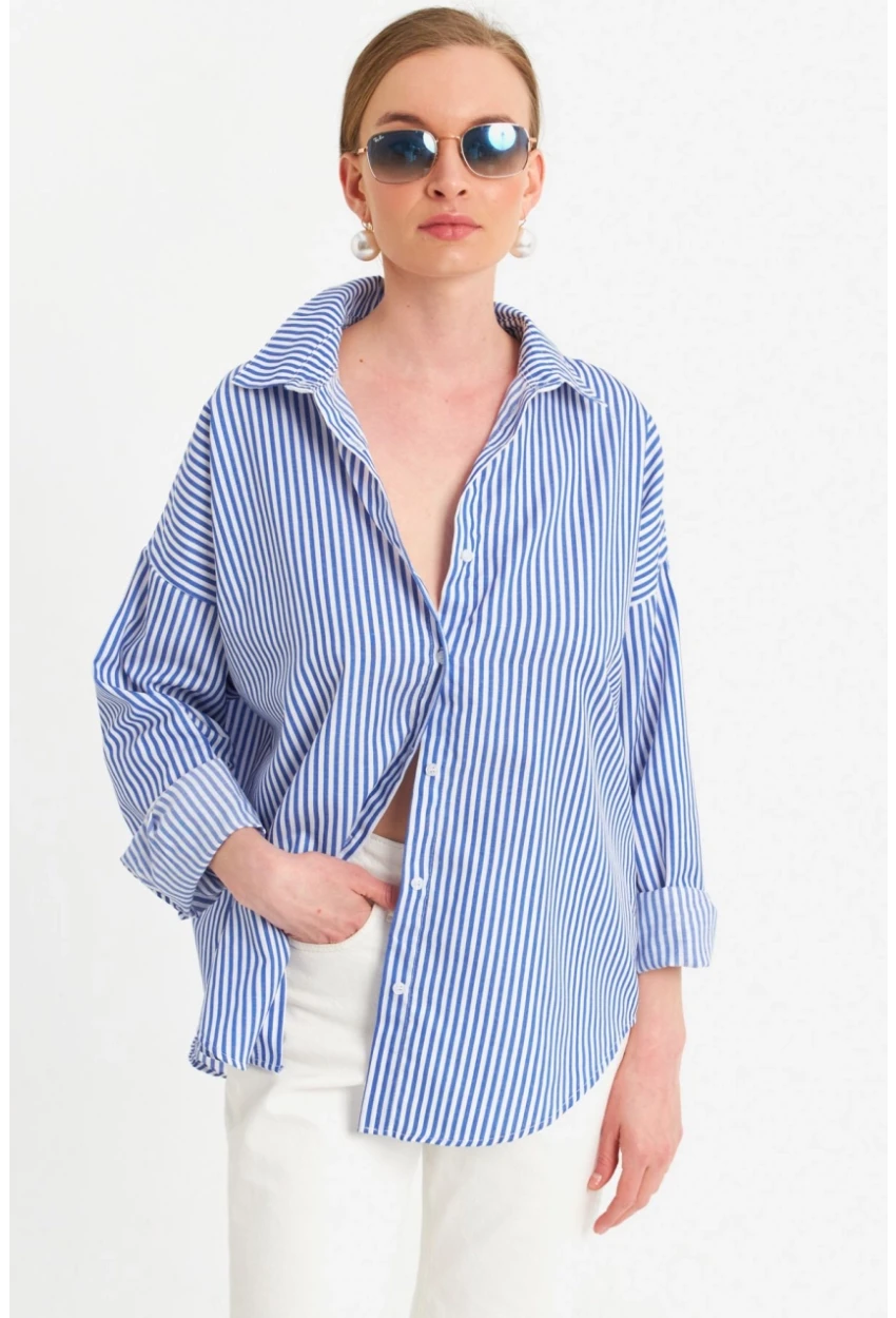 Kadın Ekru-Mavi Çizgili Gömlek ZER425