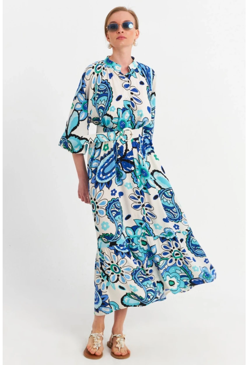 Kadın Ekru-Mavi Desenli Kemerli Midi Gömlek Elbise MSH3051
