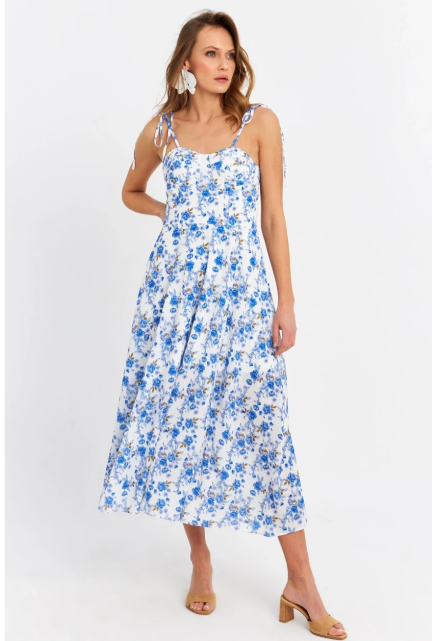 Kadın Ekru-Mavi İp Askılı Çiçekli Midi Elbise ERL10013